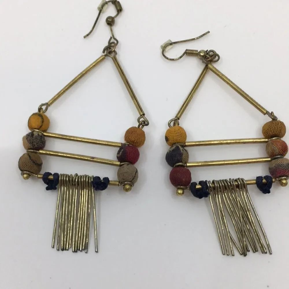 Indian Dangly Triangle Boho Earrings Made of recycled Saris! - Picture 10 of 11